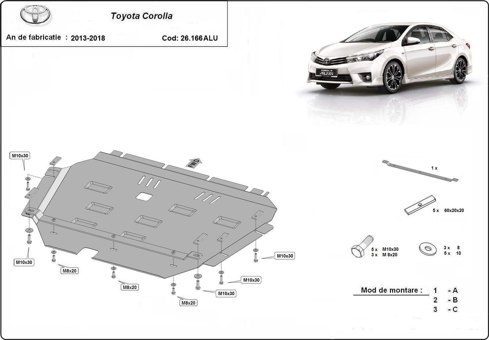 Toyota Corolla aliuminė variklio apsauga 2013-2018 - Image 3